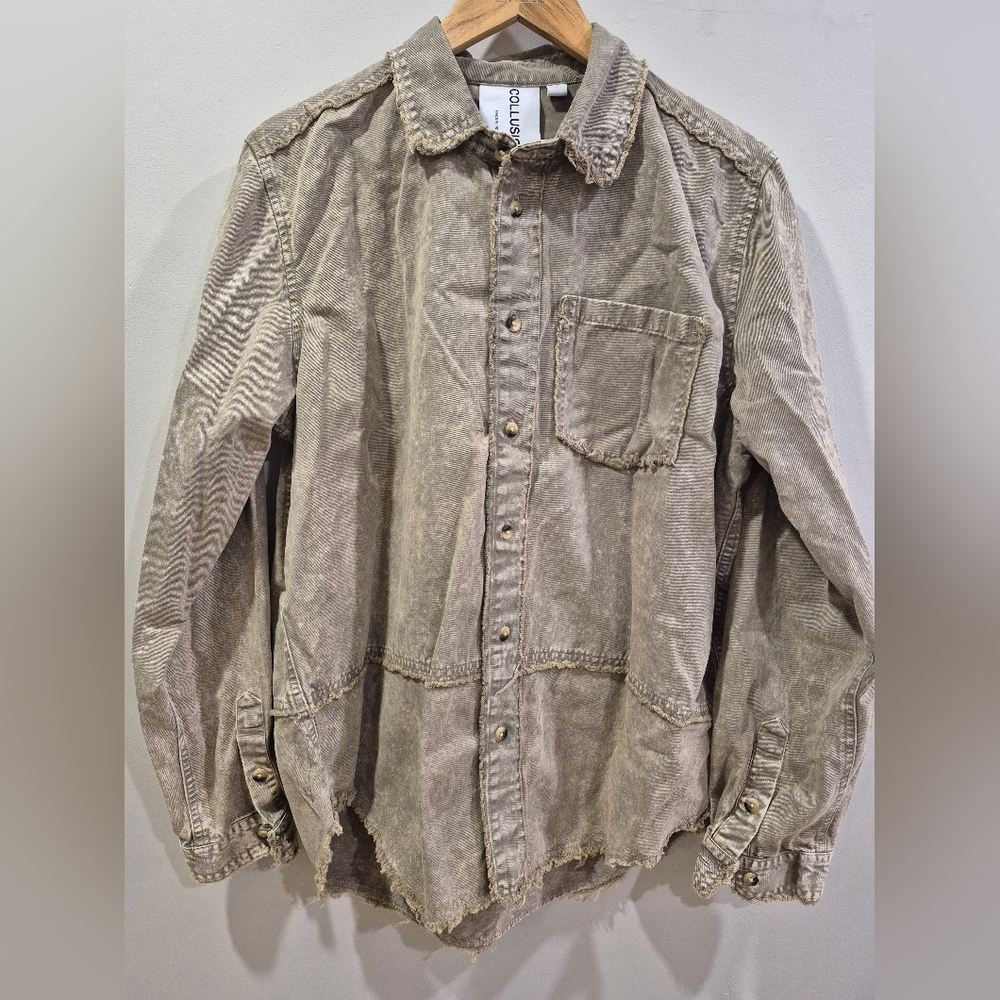 NWOT Men's Oversized Distressed Grey/Green Denim Shirt L/XL